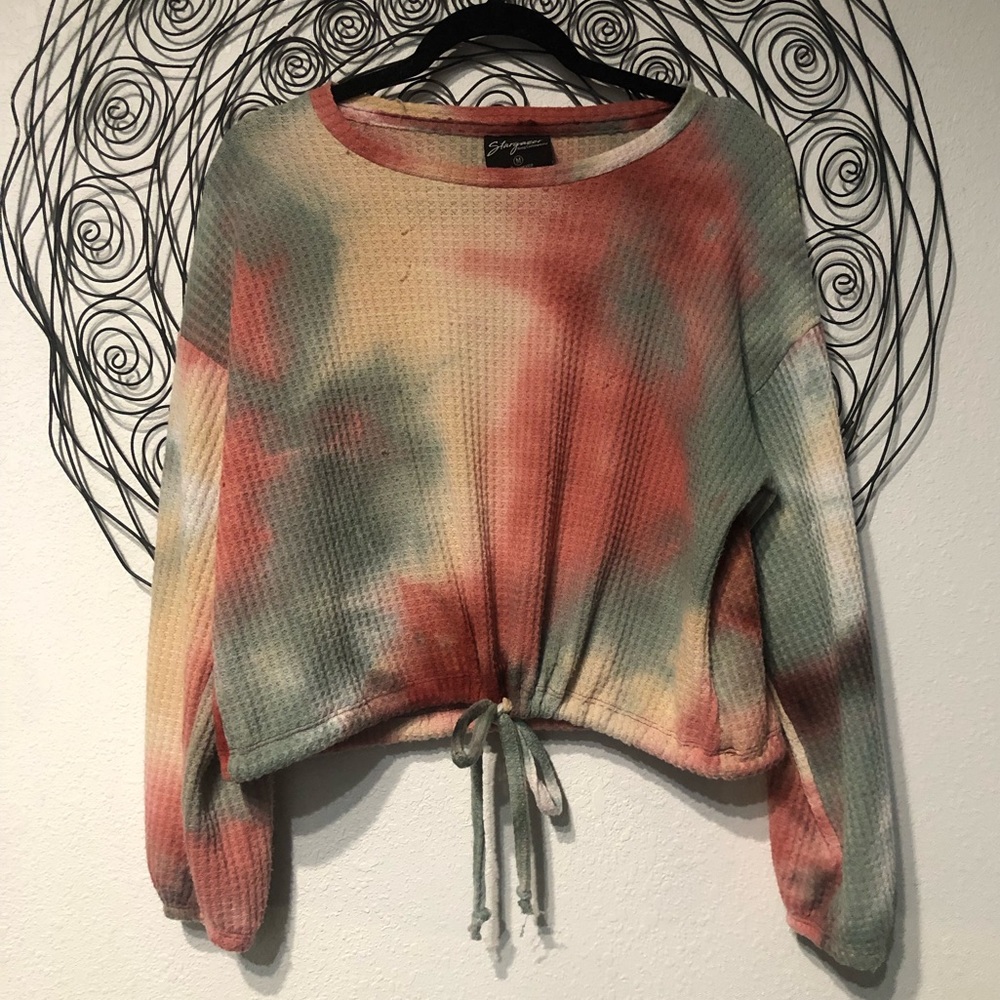 Tie Dye Drawstring  Lantern Sleeve Sweatshirt